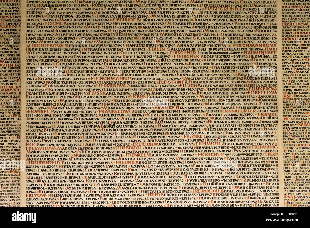 Los nombres de las víctimas del holocausto, Sinagoga Pinkas, Praga, República Checa Foto de stock
