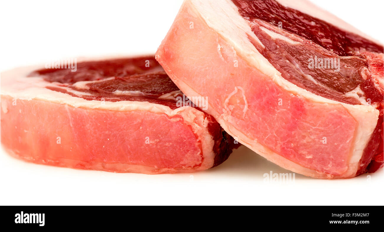 Closeup macro textura de fondo de carne roja chuletas de lomo de cordero Foto de stock