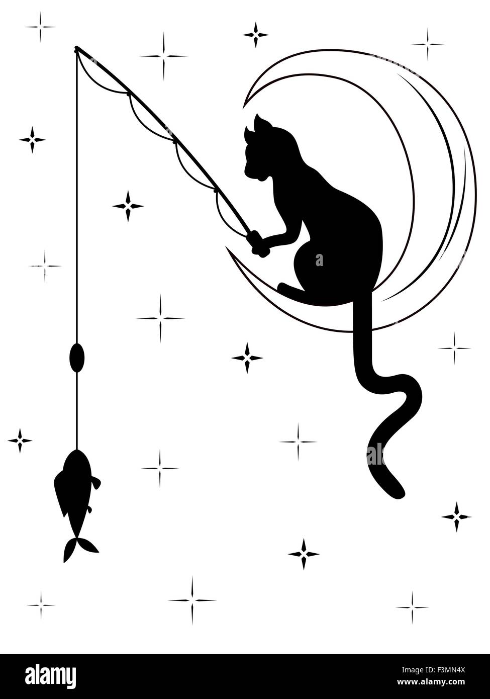 Gato negro con larga cola sentado en la luna entre el cielo estrellado y las capturas de peces con una caña de pescar, vector de cartón blanco y negro Ilustración del Vector