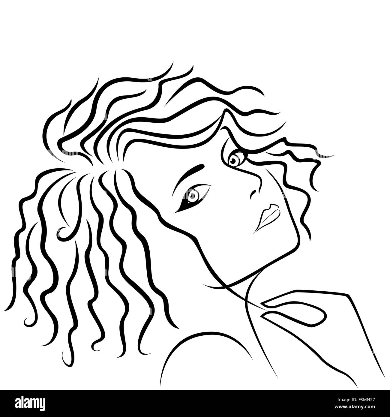 Resumen hermosa muchacha media vuelta la cabeza y la celebración de cabello en la mano, dibujo a mano alzada, contorno vectorial Ilustración del Vector