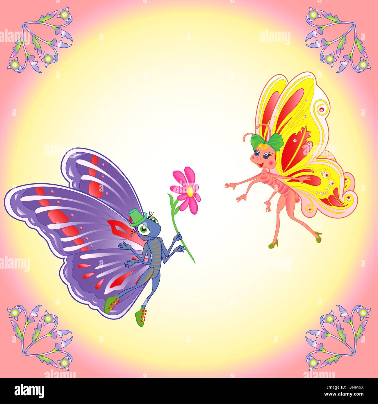 Coloridas mariposas de dibujos animados par en vuelo romántico en una iluminación de fondo. Dibujo a mano ilustración vectorial Ilustración del Vector