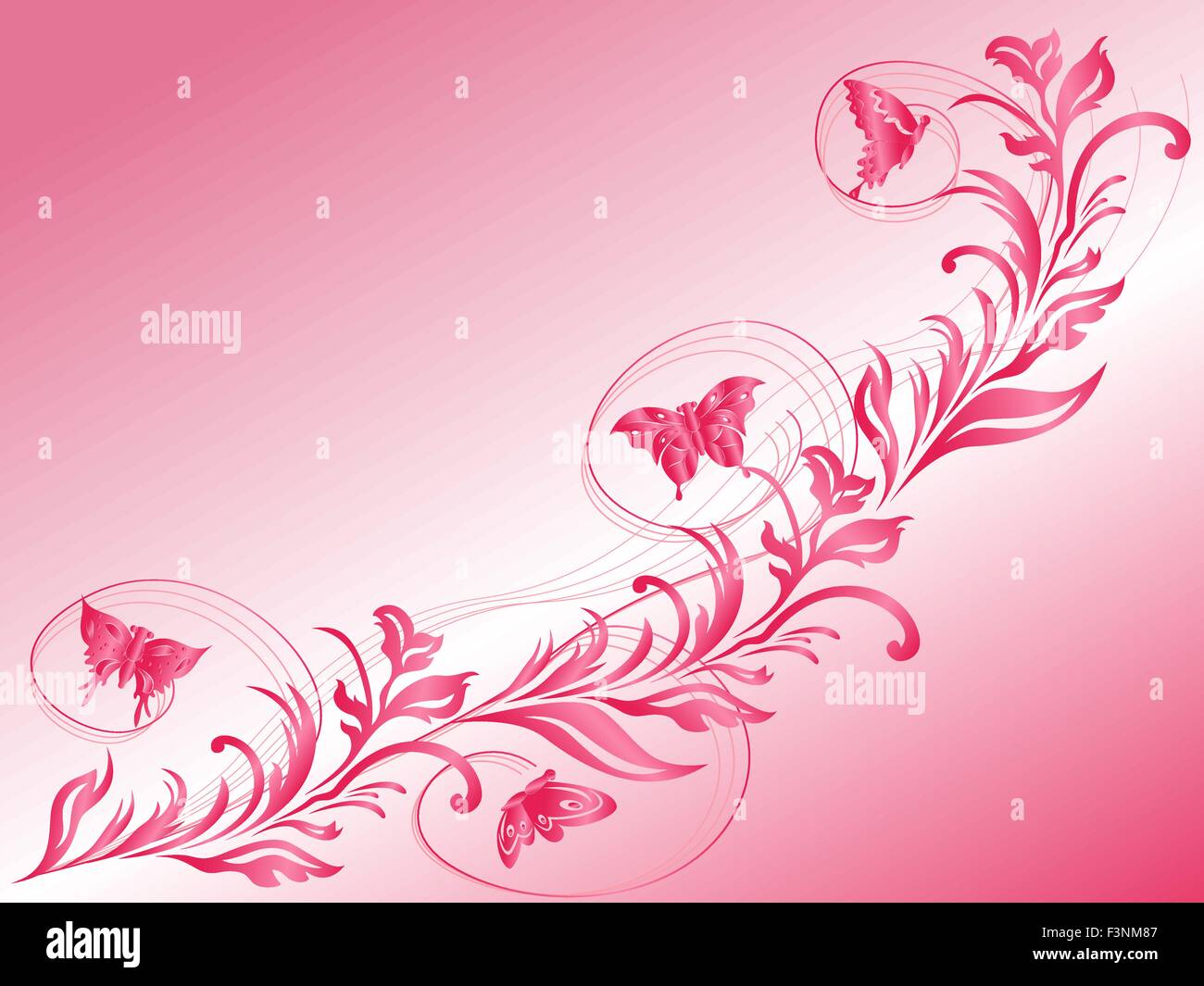 Las mariposas volar una hermosa ramita, dibujo a mano estilizada tarjeta de felicitación de vector en rosa matices Ilustración del Vector