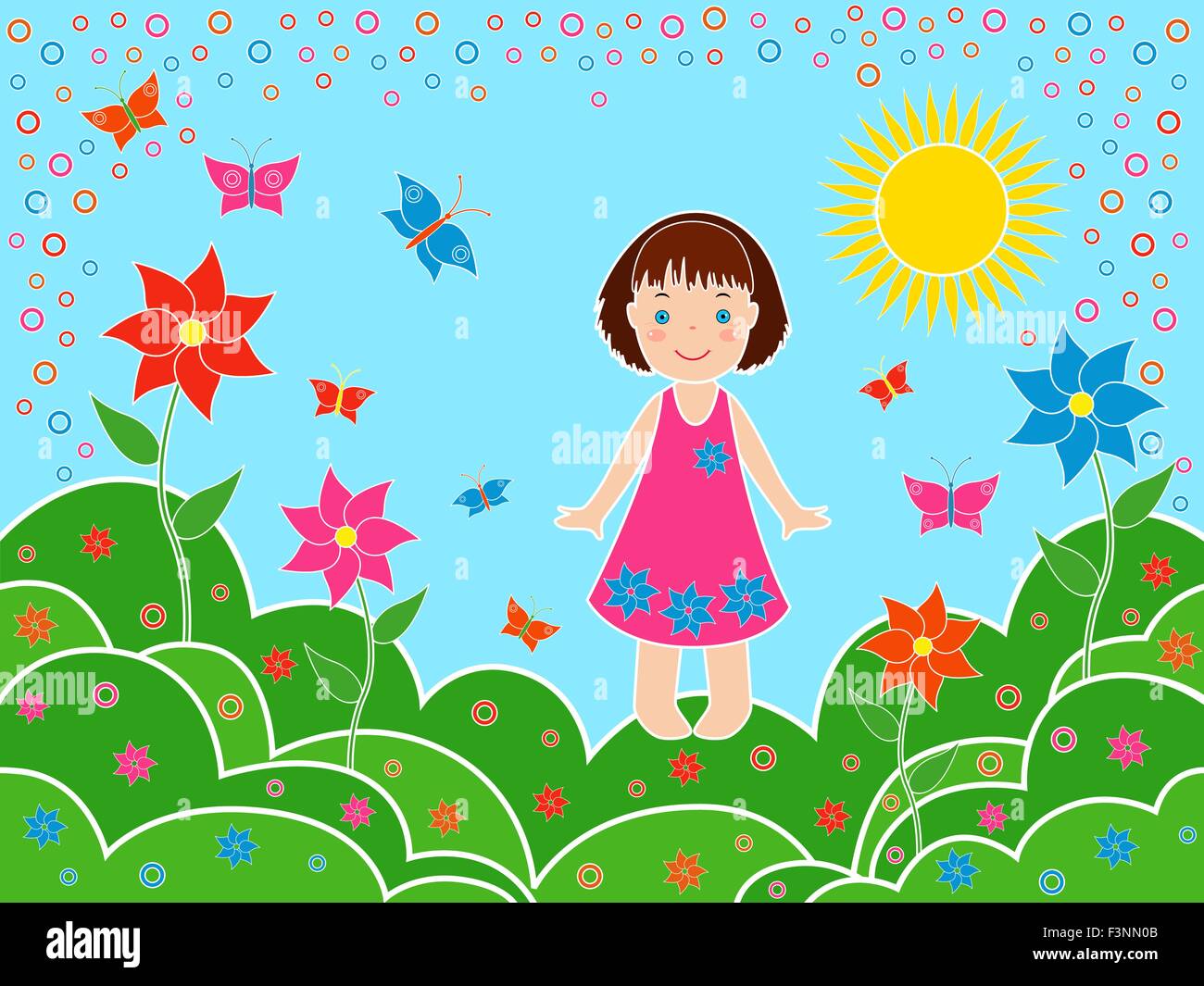 Los niños pequeños chica en los prados en un día soleado de verano, dibujo a mano multicolor ilustración vectorial Ilustración del Vector