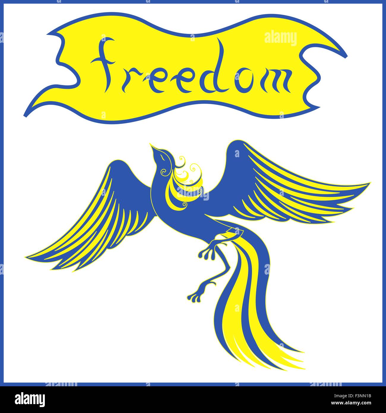 Elegante ave fénix que simboliza una libertad en azul y amarillo, los colores de la bandera nacional de Ucrania. Dibujo a mano alzada ilustración vectorial Ilustración del Vector