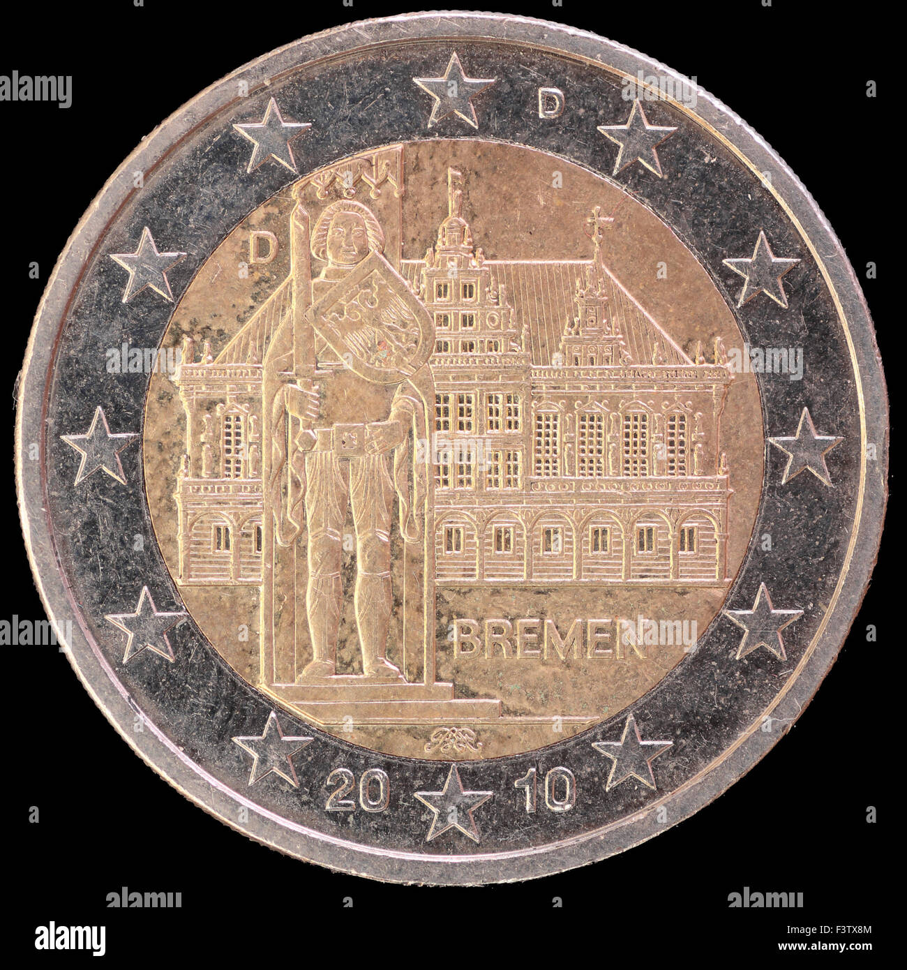 Ceremonia conmemorativa distribuyó dos monedas de euro emitidos por Alemania en 2010 y la celebración del estado federado de Bremen Foto de stock