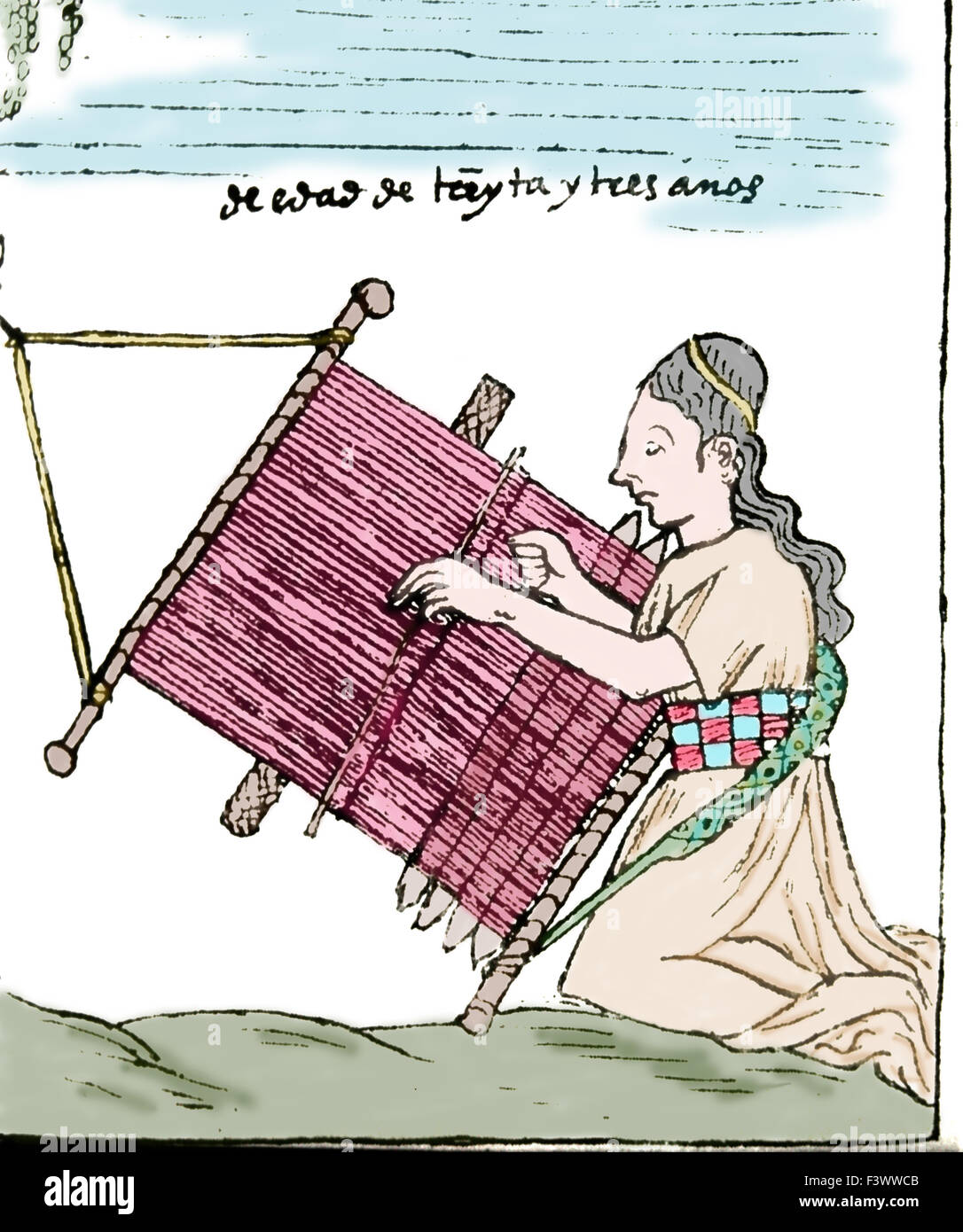 Felipe Huaman Poma de Ayala (1535-1616). Nueva Crónica y Buen Gobierno. Mujer india tejiendo. Posteriormente coloración. Foto de stock