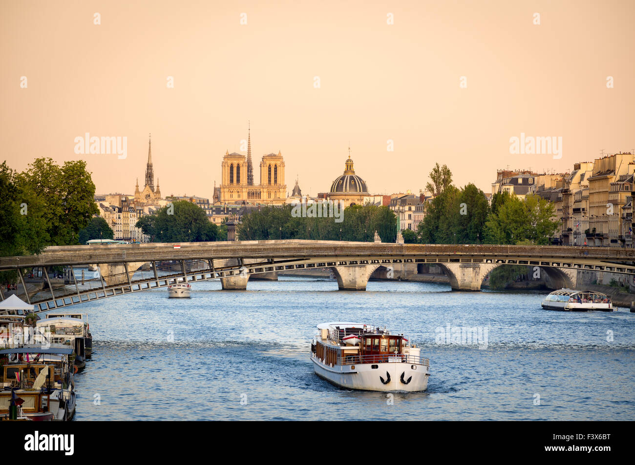 Río Sena en París con pasarela puente de Solferino. En la distancia, la catedral de Notre Dame y el Institut de France Foto de stock