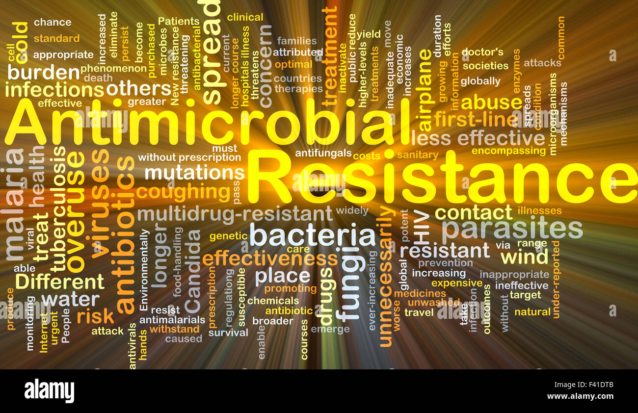 Ilustración de wordcloud concepto de fondo de la resistencia a los antimicrobianos resplandeciente luz Foto de stock