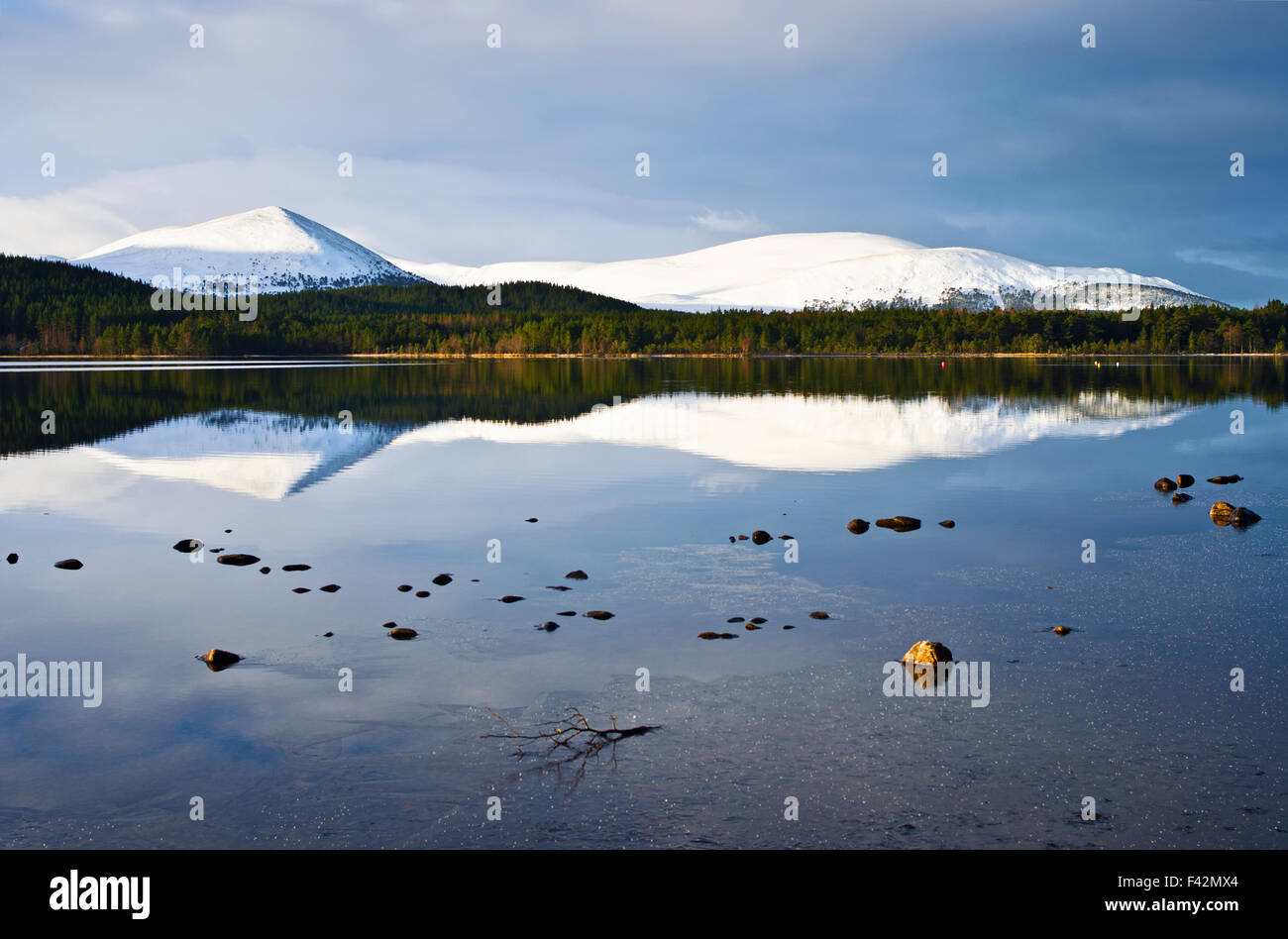 Carn Eilrig nevados reflejados en las tranquilas aguas del lago Loch Morlich, invierno, Cairngorms Highlands Escocesas, Escocia, Reino Unido Foto de stock