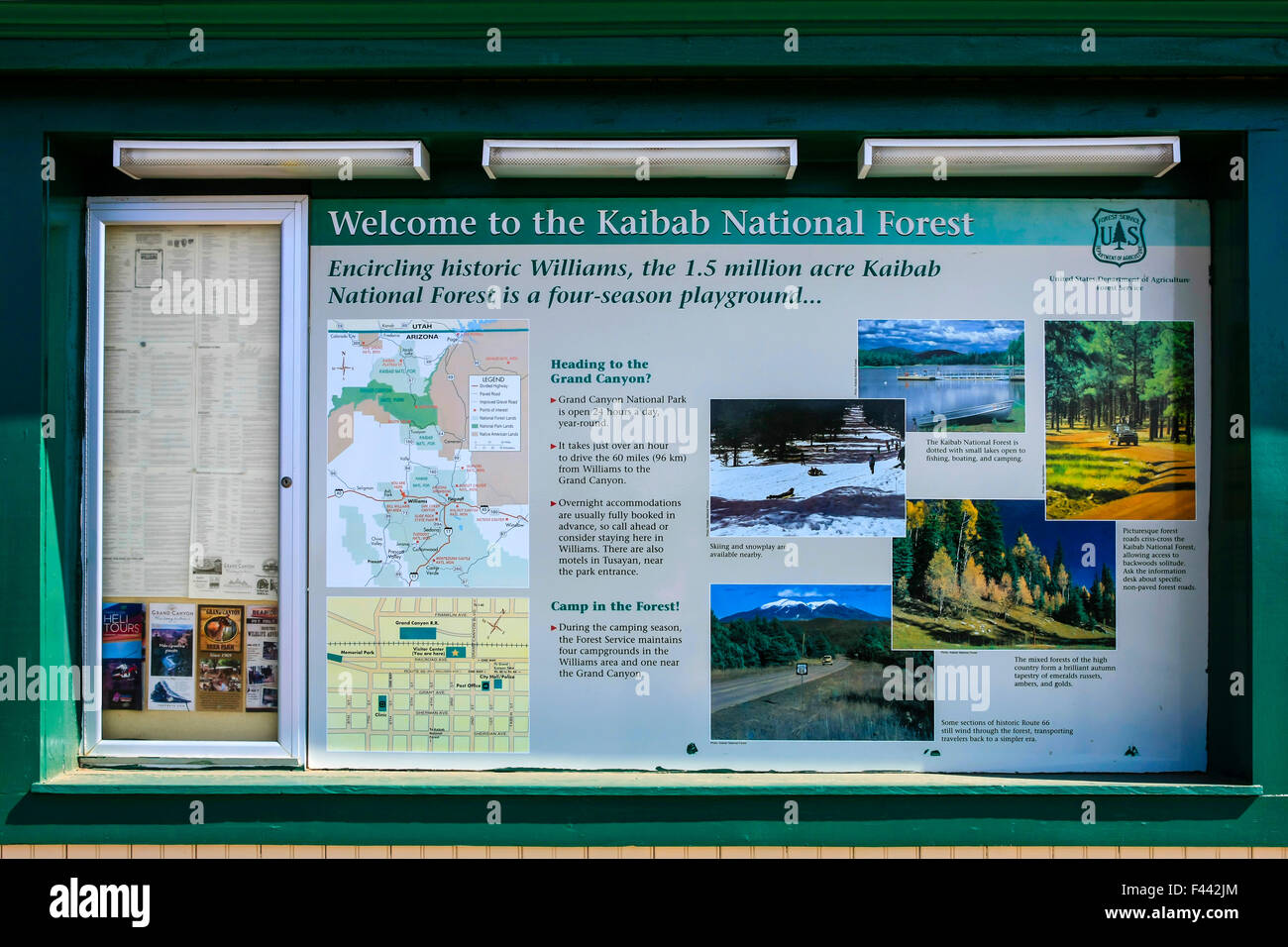 Bienvenido al Bosque Nacional Kaibab placa en Williams, Arizona, la última ruta 66 ciudad a ser bi-aprobada por la I-40 Foto de stock