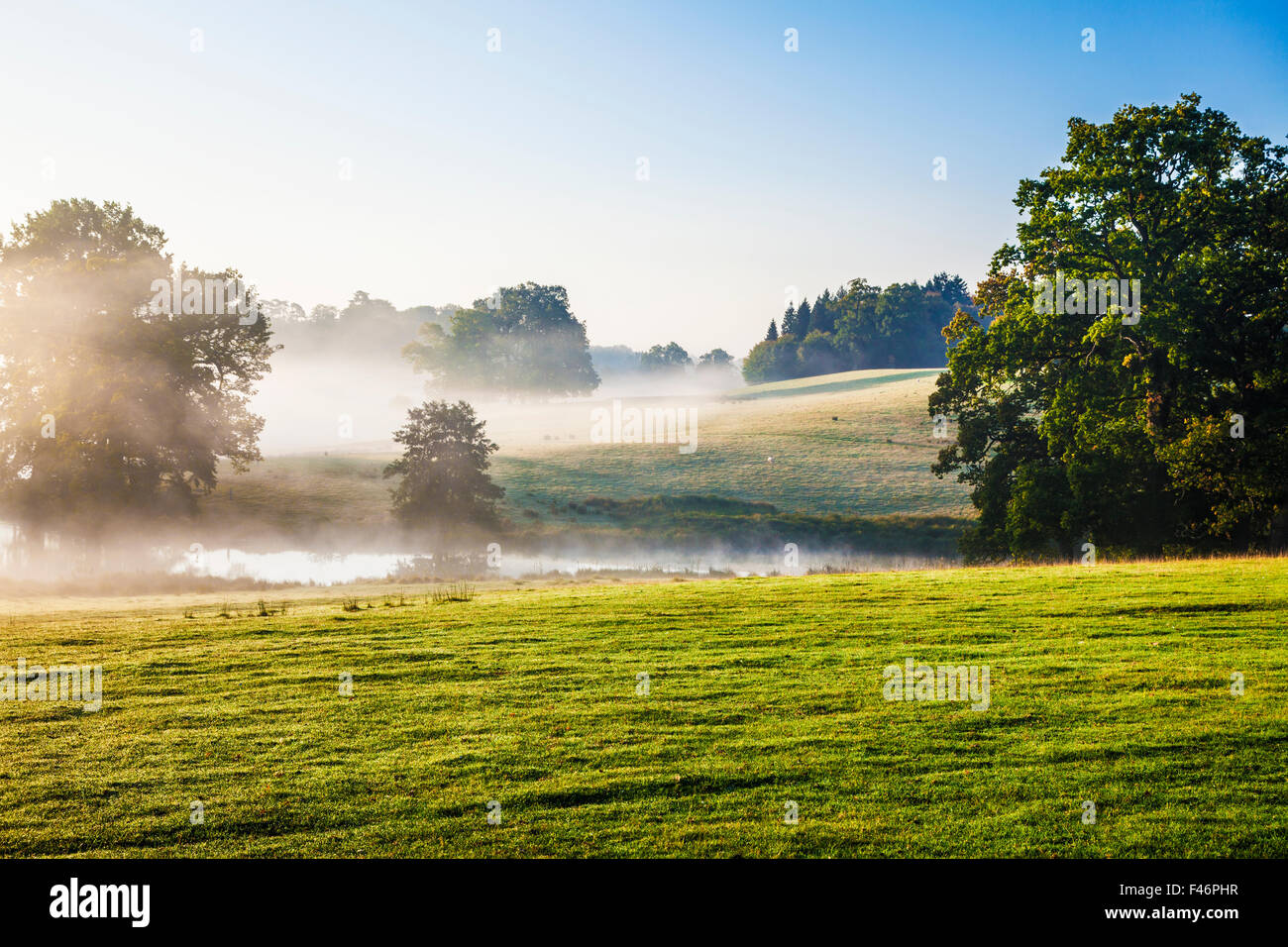 Niebla sobre el lago y los parques en el Bowood Estate en Wiltshire en otoño. Foto de stock