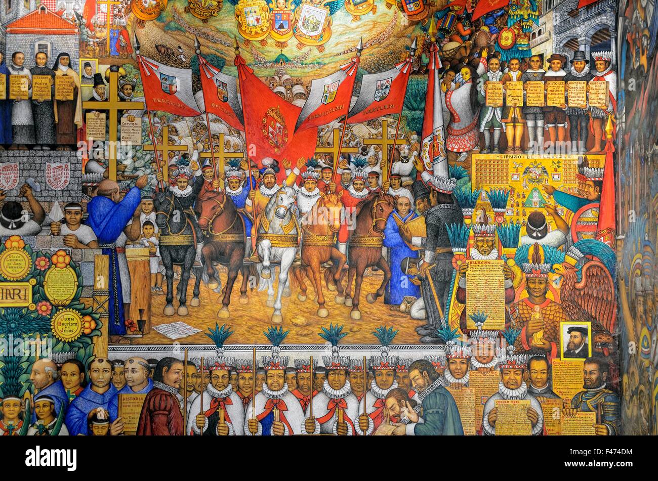 Mural de Desiderio Hernández Xochitiotzin, Palacio de Gobierno, Tlaxcala, estado de Tlaxcala, México Foto de stock