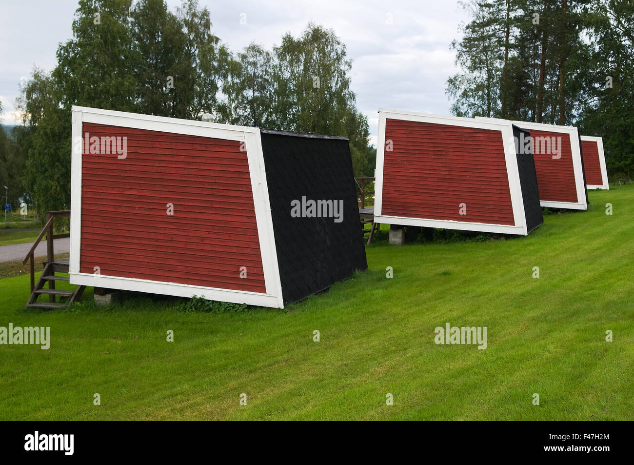 Casas rurales en un camping, Norrbotten, Suecia. Foto de stock