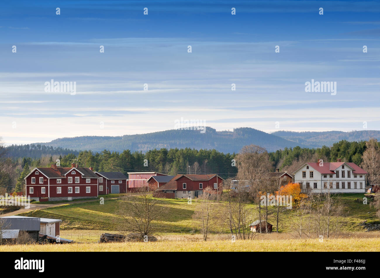 Paisaje con casas de campo, Suecia. Foto de stock