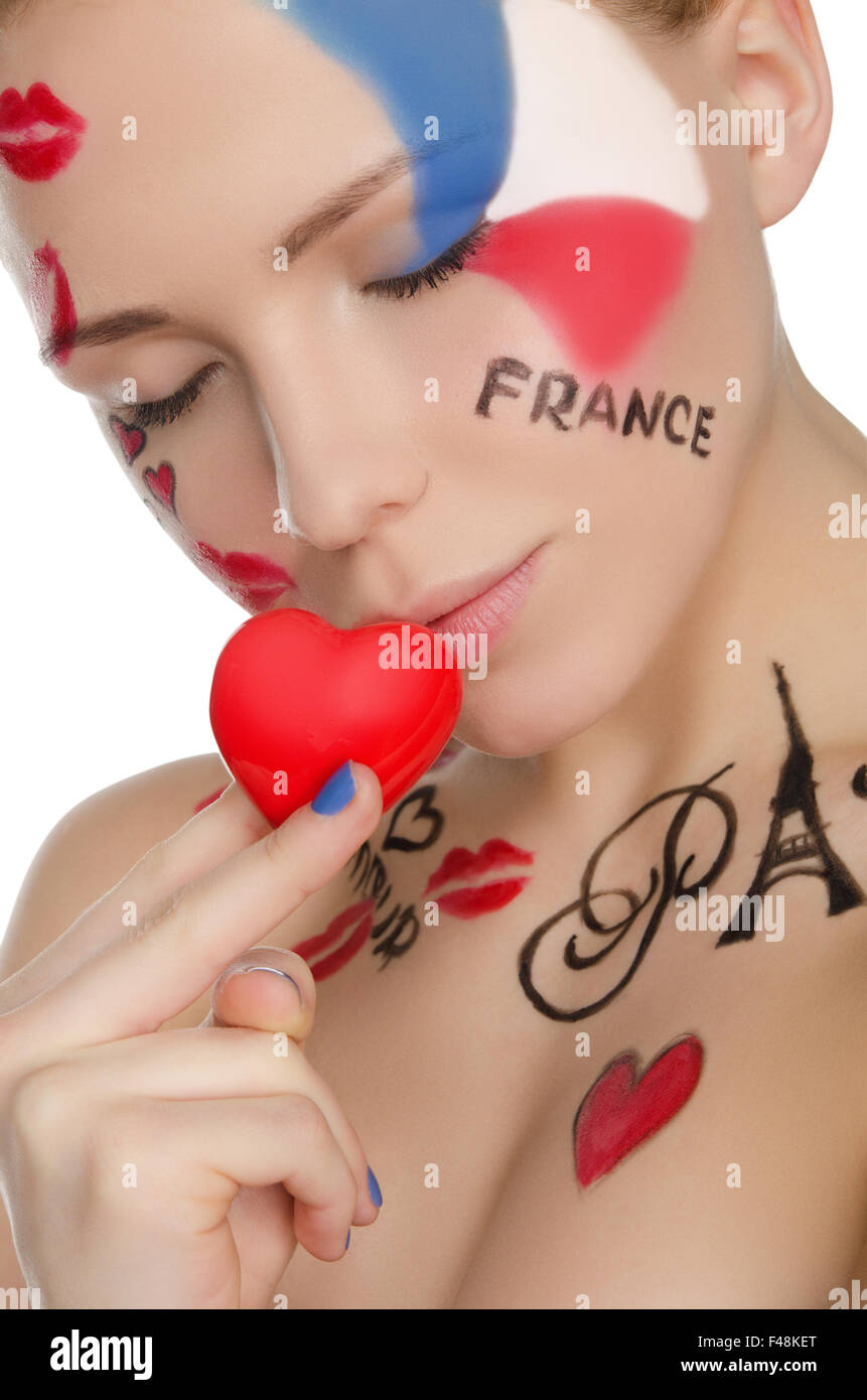 Feliz mujer con maquillaje en tema de Francia Foto de stock