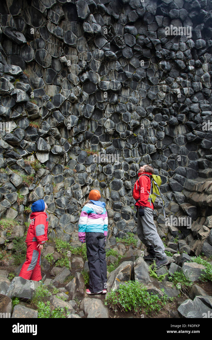 Familia estudiando en formaciones de roca basáltica, Jokulsargljufur Hljodaklettar, Nordhurland Eystra, Islandia. Foto de stock