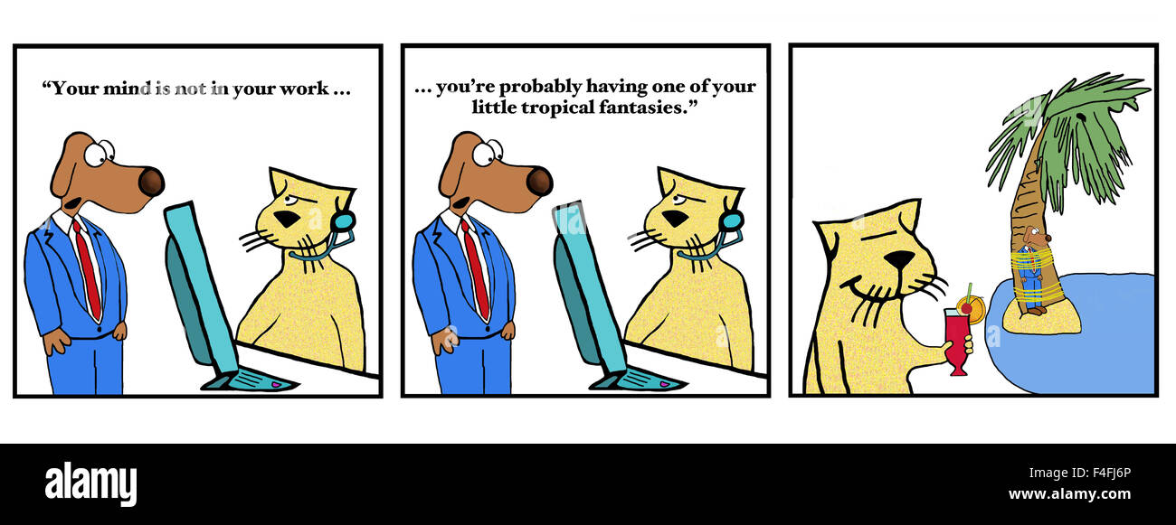 Profesional de dibujos animados perro Boss reprender trabajador cat, 'Tu mente no está en su trabajo... poco fantasías tropicales'. Foto de stock