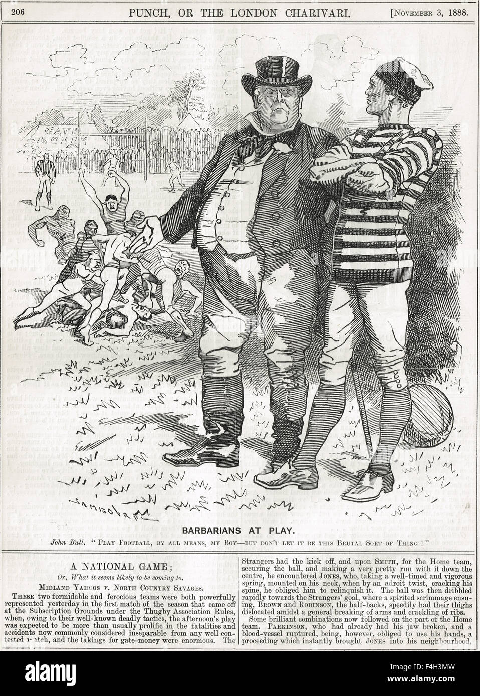 Bárbaros a jugar Punch cartoon 1888 John Bull censuraban Rugby Foto de stock