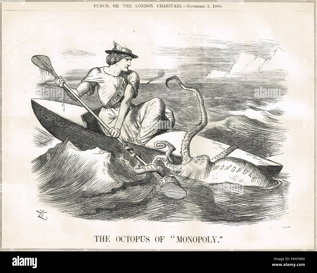 Pulpo de monopolio contra la libre competencia. John Tenniel Punch cartoon 1888 Foto de stock