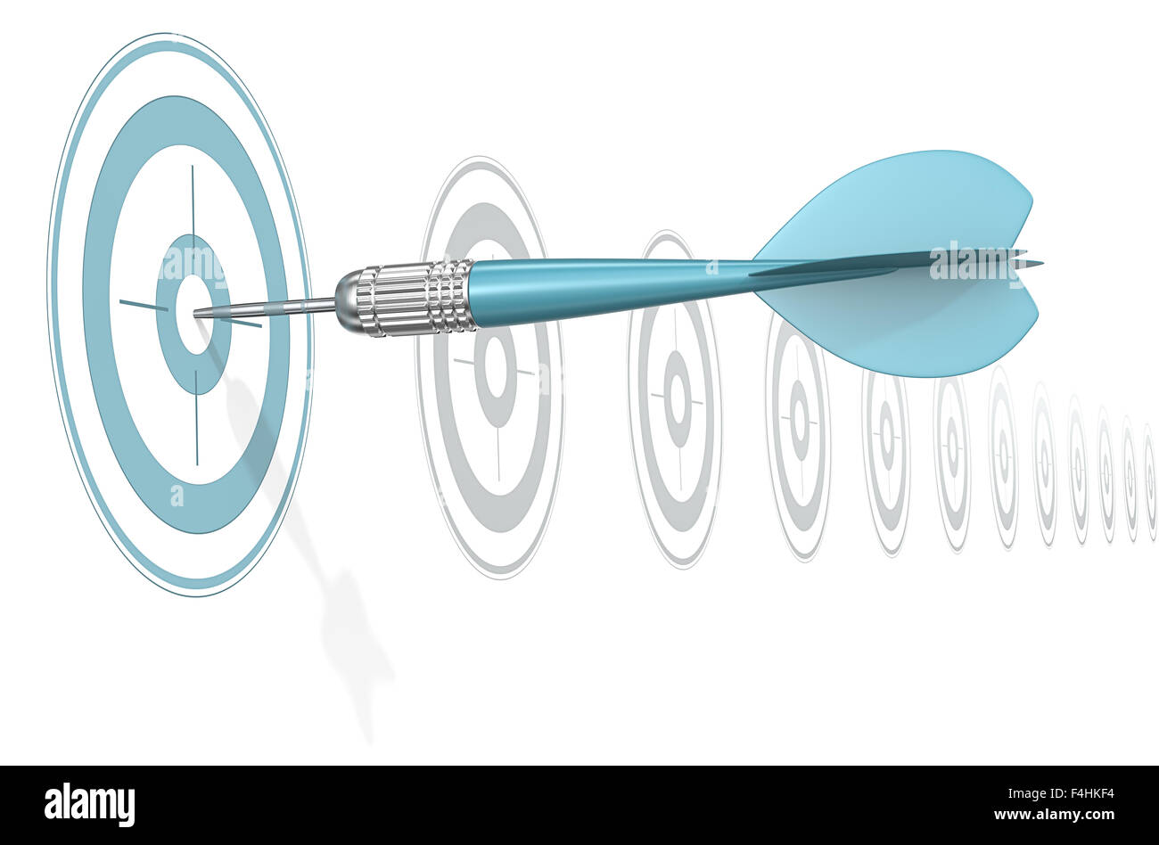 Dart golpear flecha azul centro de destino. Fila horizontal gris de objetivos. Foto de stock