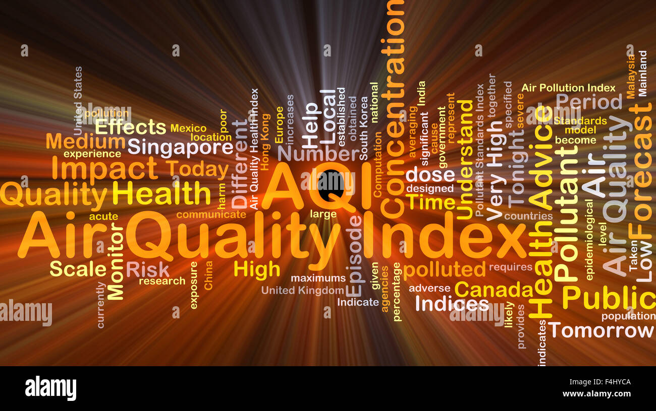 Ilustración de wordcloud concepto de fondo del índice de calidad del aire AQI resplandeciente luz Foto de stock