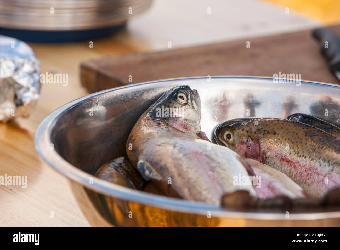 Trucha fresca, listo para cocinar, Escocia, Reino Unido, Europa Foto de stock