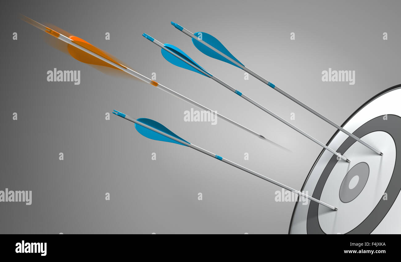Tres flechas azules de golpear un objetivo más una flecha naranja golpeando el centro, 3D ilustración del concepto de excelencia competitiva o Foto de stock