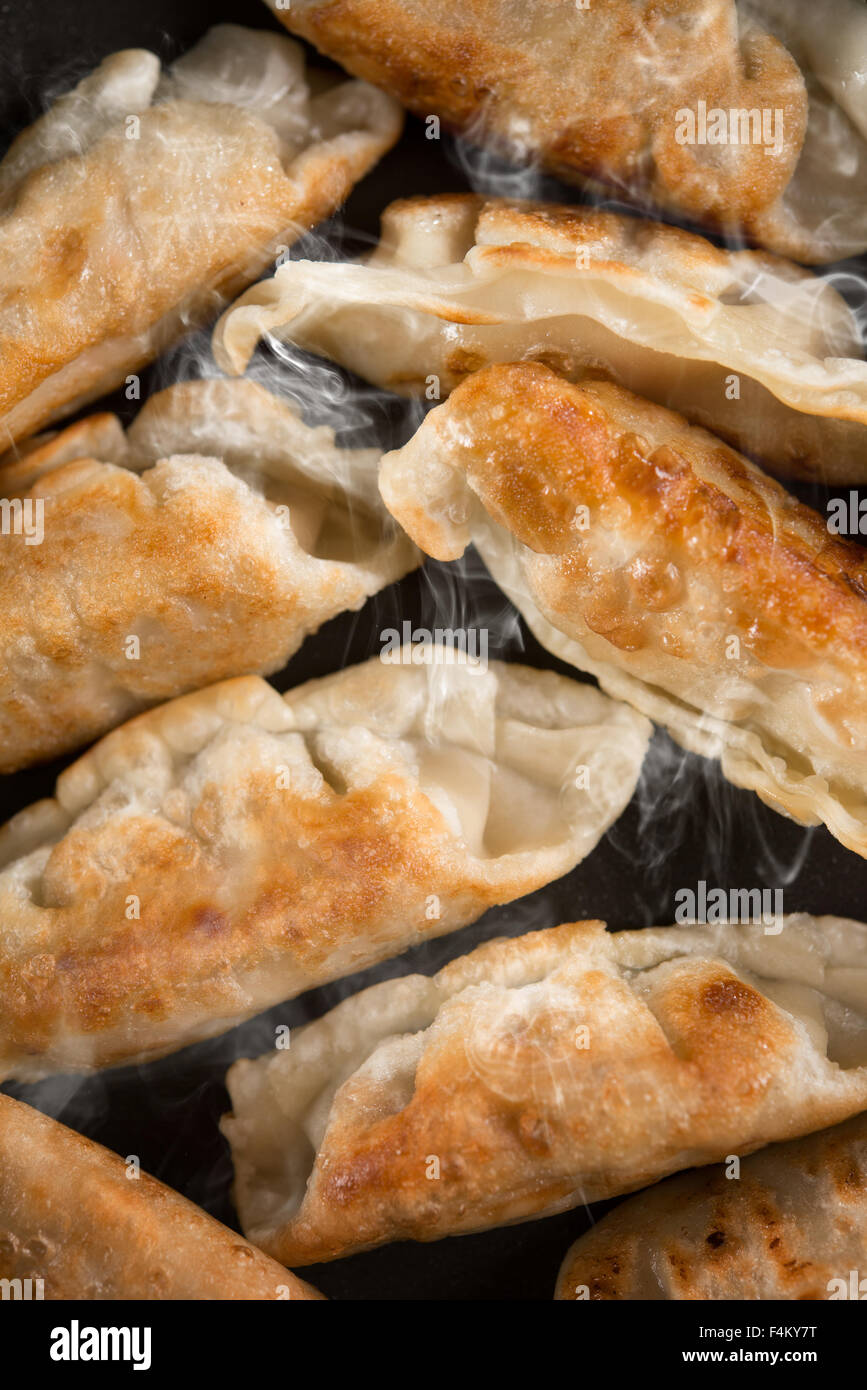 Cerrar cocina dumplings fritos en una sartén. Cocina china con vapores  calientes, sobre fondo de madera vintage de estilo rústico Fotografía de  stock - Alamy