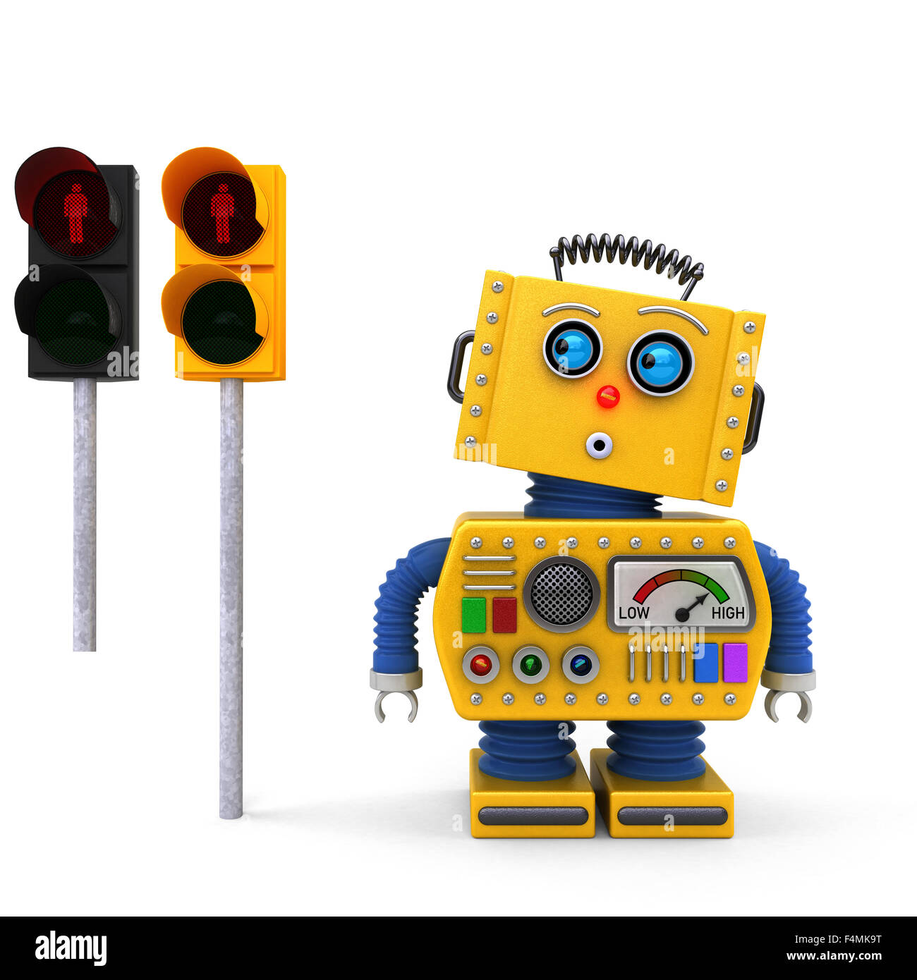 Robot de juguete amarillo esperando en un semáforo en rojo Foto de stock