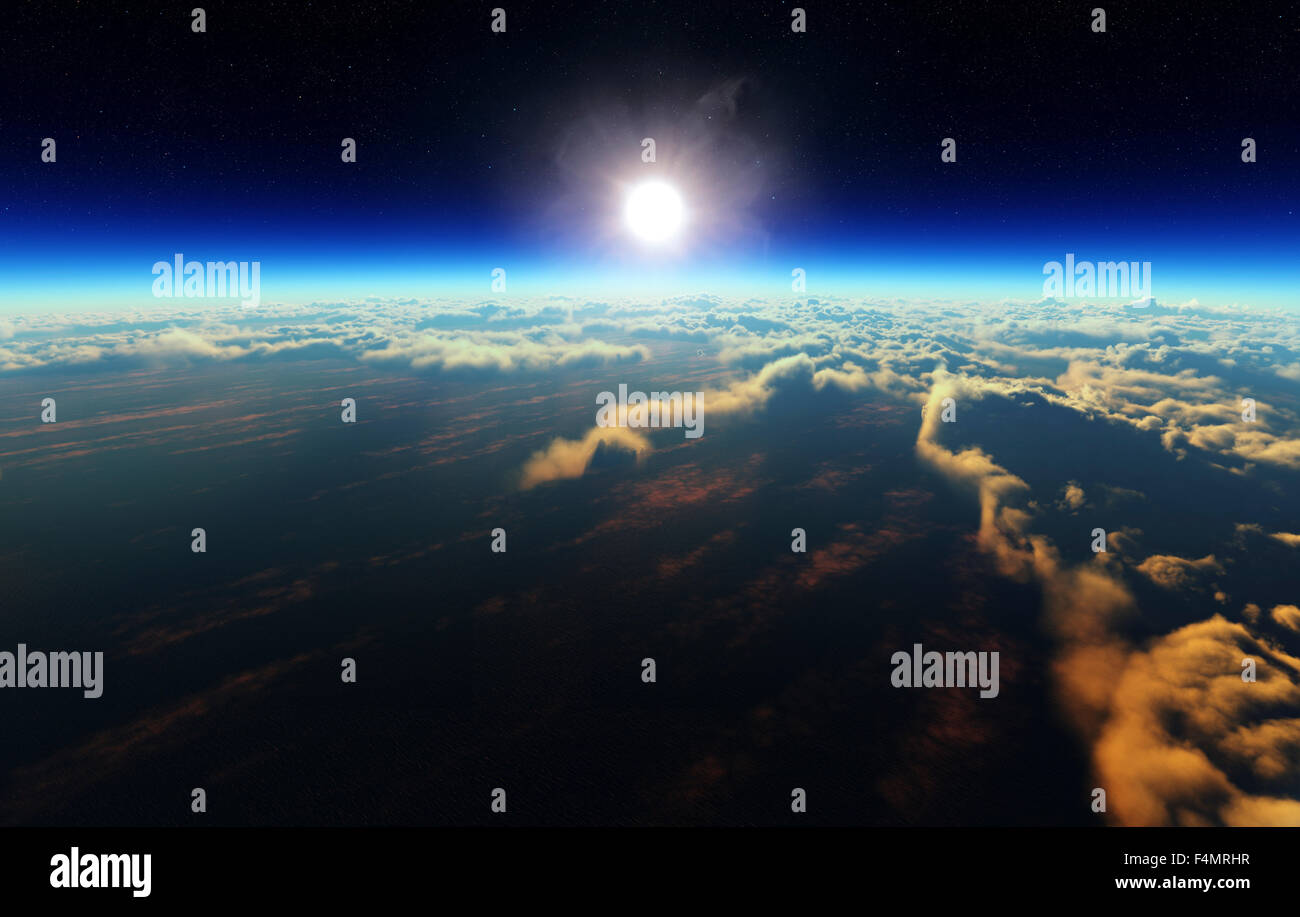 Planeta Tierra nublado amanecer sobre el océano desde el espacio ultraterrestre (Ilustración 3d) Foto de stock