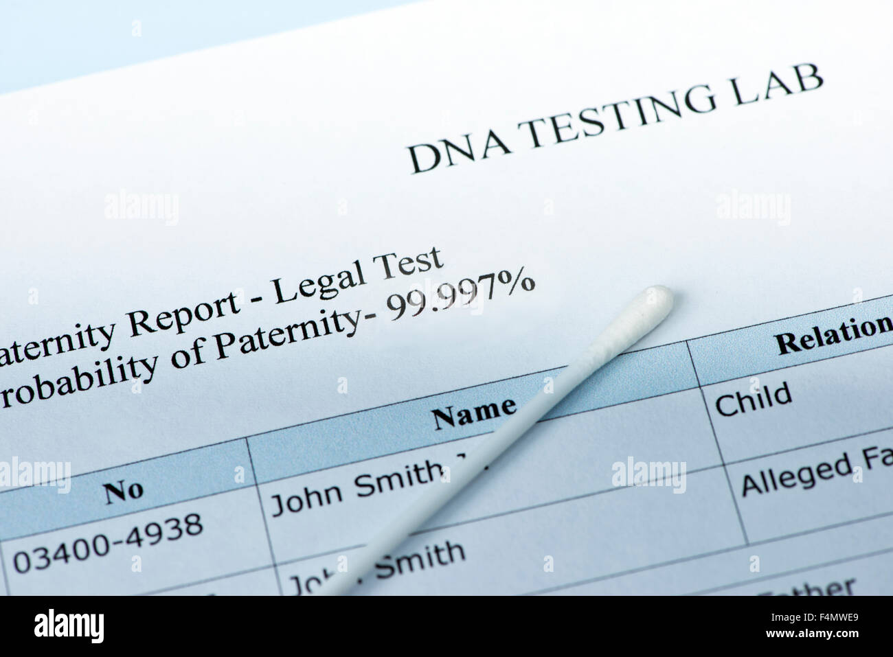 Los resultados de la prueba de paternidad con hisopo de muestra de laboratorio. Foto de stock