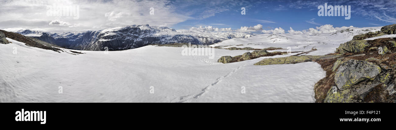 Vistas panorámicas del paisaje nevado cerca Trolltunga en Noruega Foto de stock