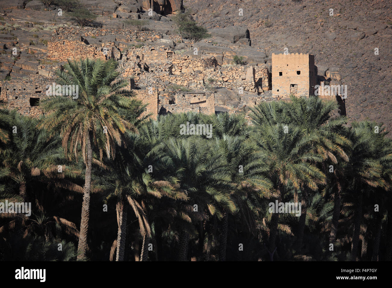 Casas desoladas del asentamiento histórico ghoul en el Jebel Shams, Omán Foto de stock