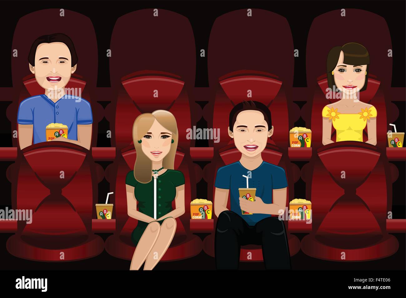 Una ilustración vectorial de personas viendo la película dentro de una