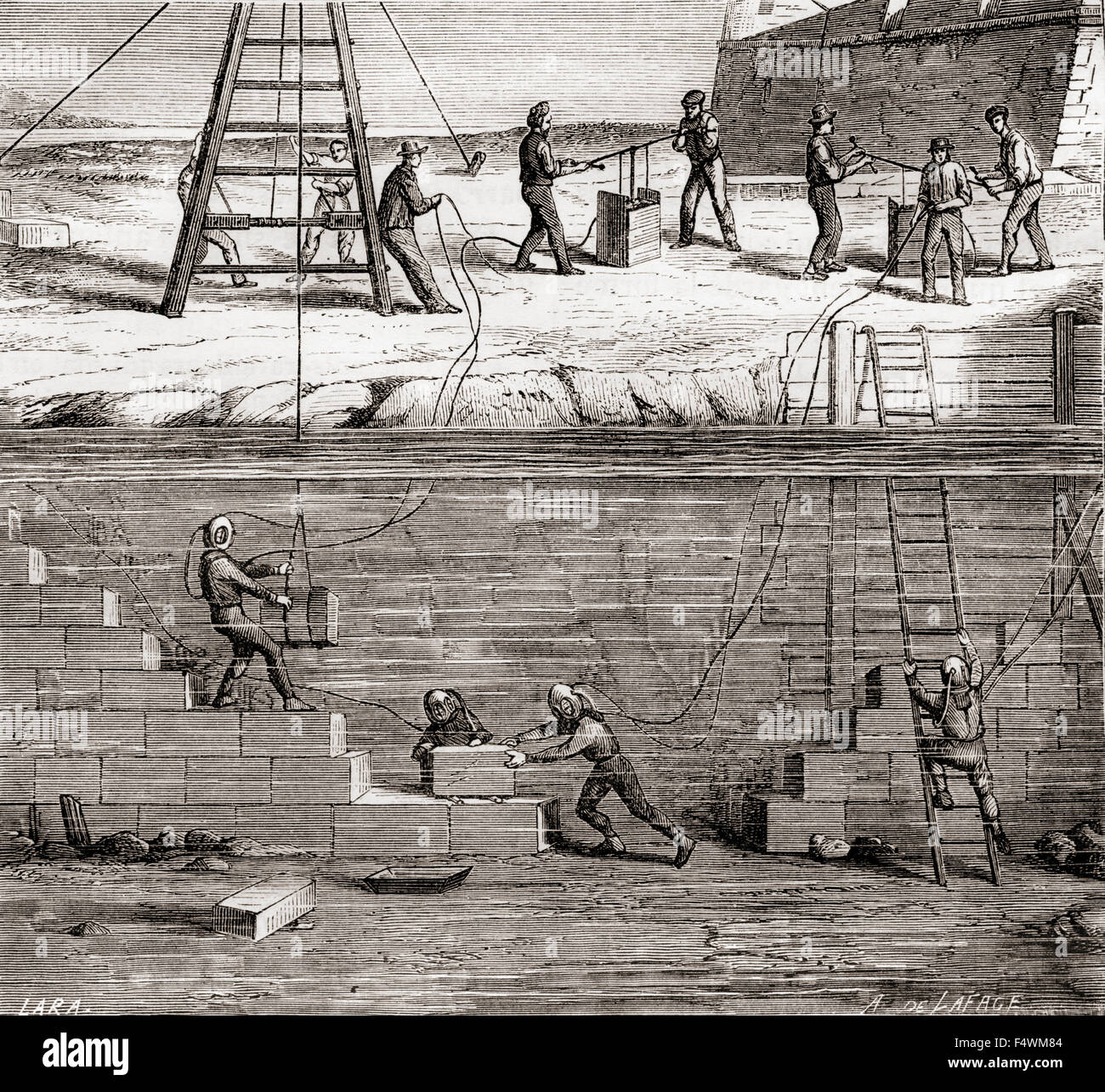 Los trabajadores en trajes de buceo trabajan en construcciones submarino en el siglo XIX. Foto de stock