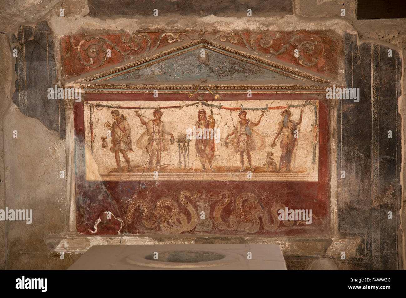 Fresco romano en el thermopolium, diner o snack bar, de Lucius Vetutius Placidus, Pompeya, Nápoles, Italia Foto de stock