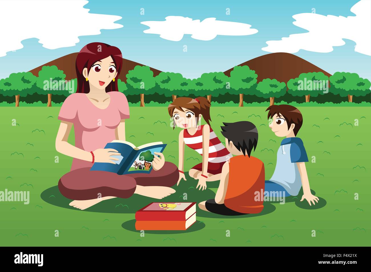 Una ilustración vectorial del maestro libro de lectura para niños en edad preescolar en el parque Ilustración del Vector