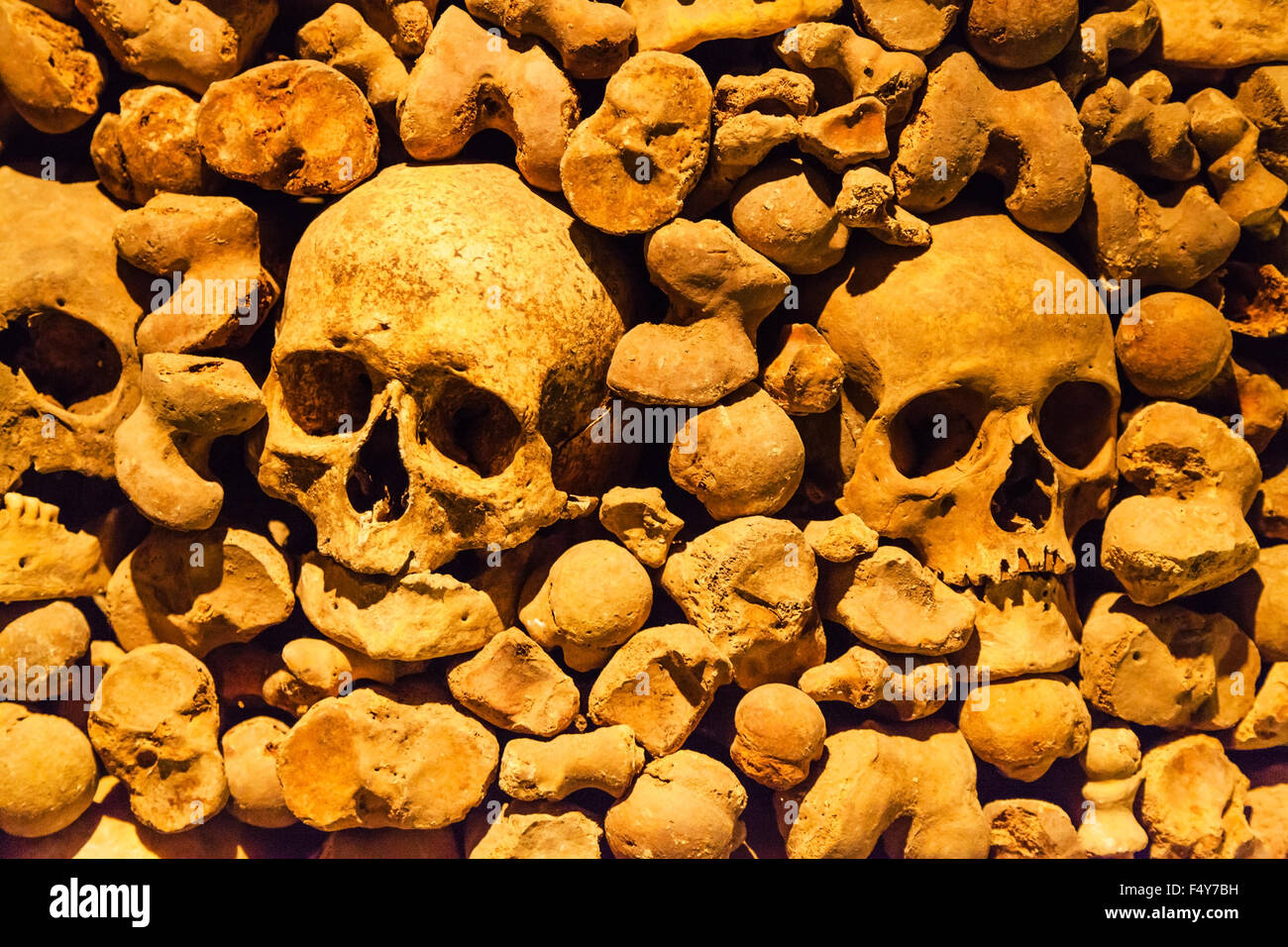 BRNO, REPÚBLICA CHECA - Septiembre 25, 2015: los cráneos en el osario de la iglesia de St James en Jakubske square en Brno. Fue una gran colección de bo Foto de stock