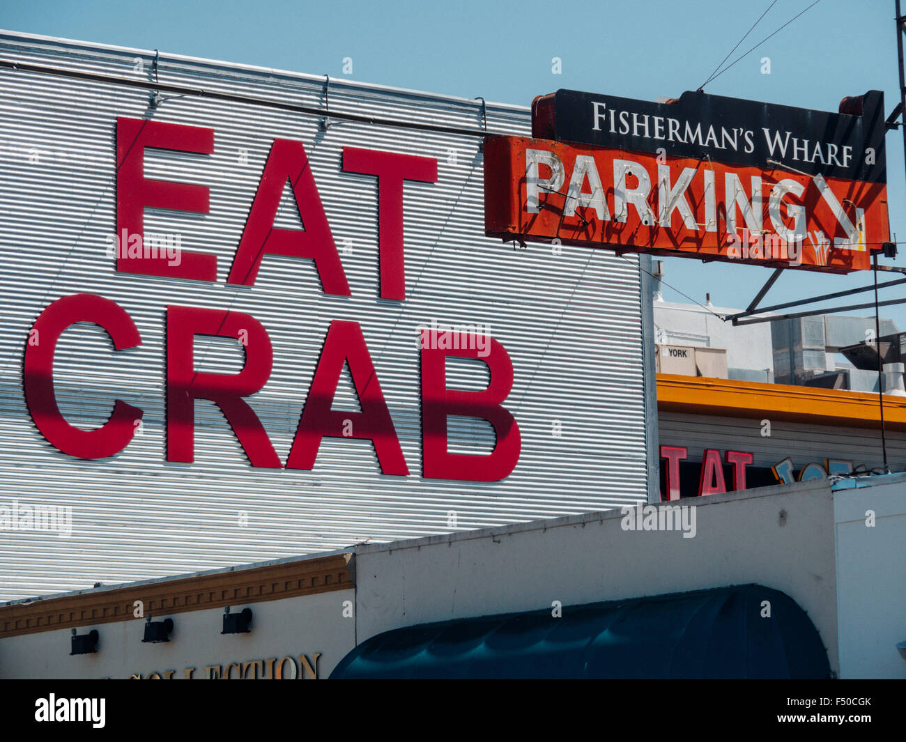 Comer cangrejo señal en el Fisherman's Wharf en San Francisco, California Foto de stock
