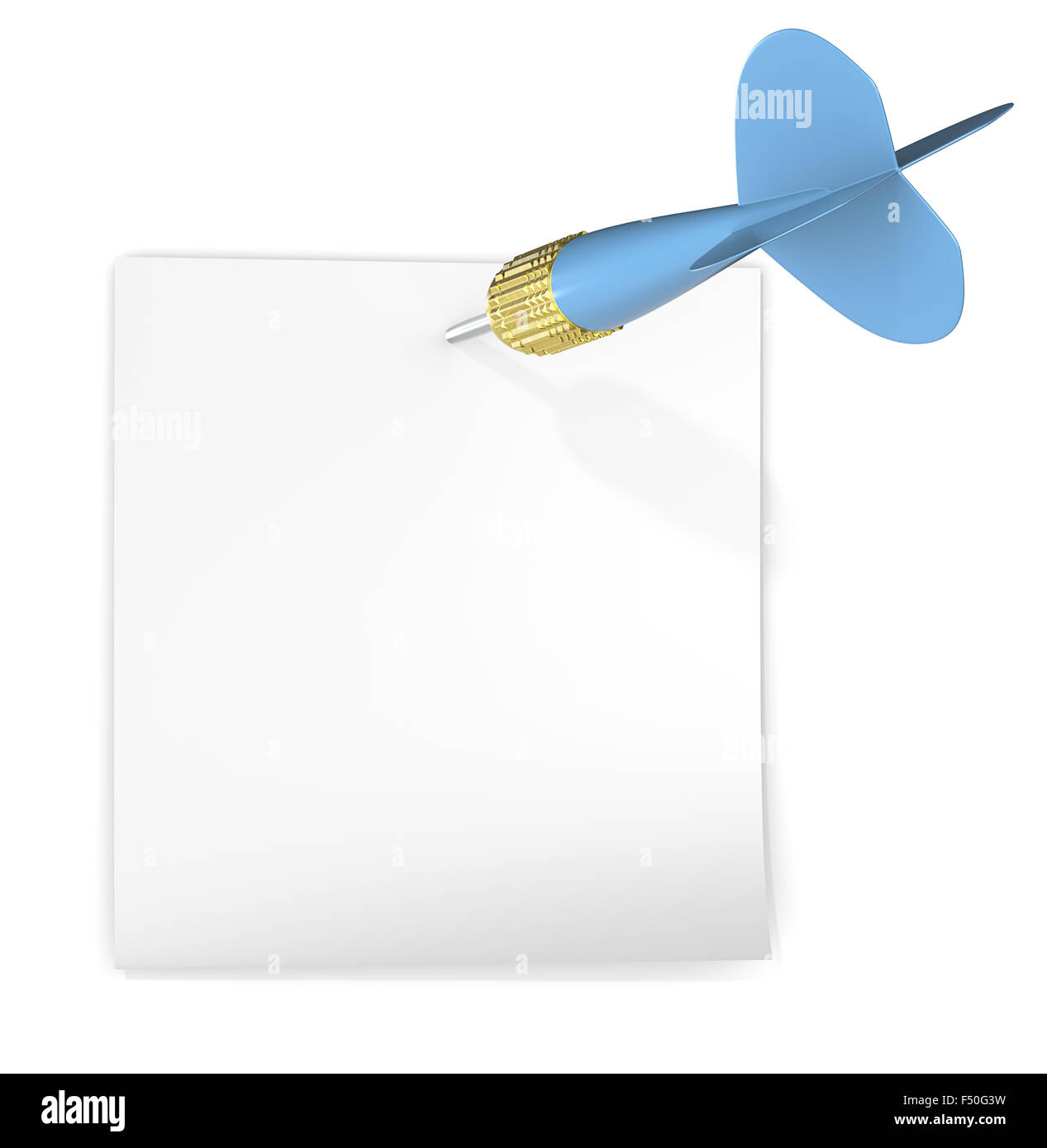Nota adhesiva blanca conectada con blue dart flecha. Copie el espacio. Foto de stock
