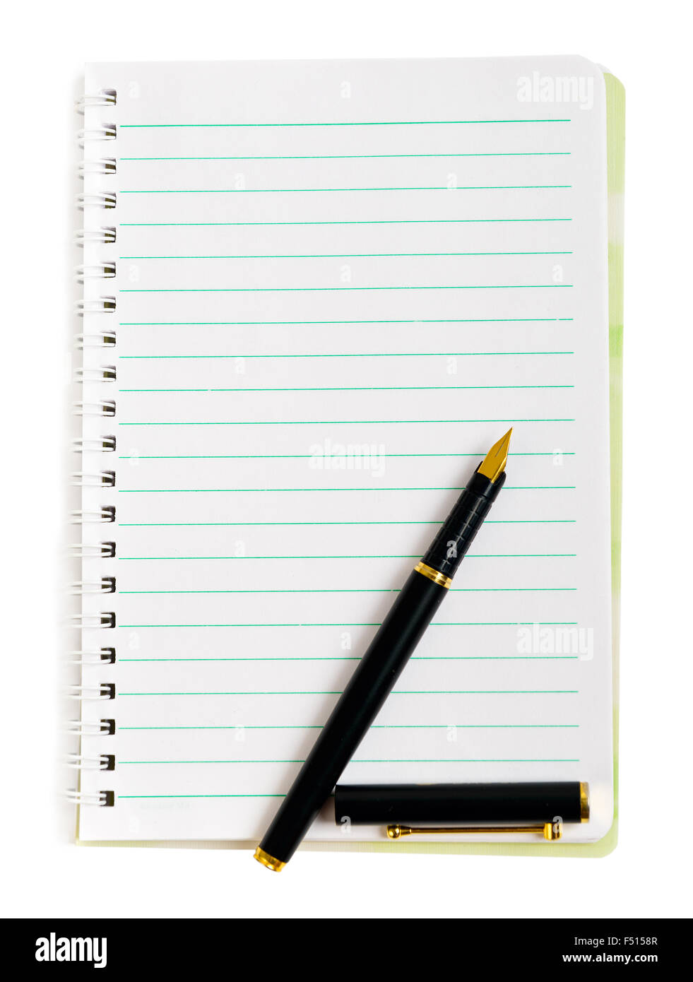 Tinta de bolígrafo sobre papel de bloc de notas forrado aislado en blanco Foto de stock
