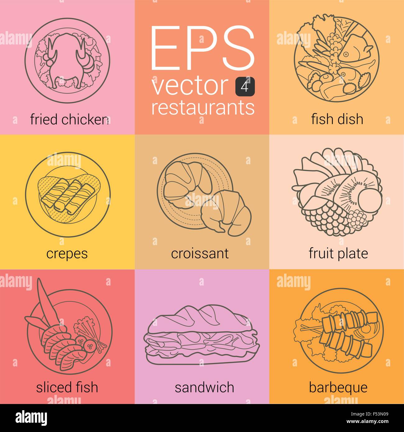 Establecer iconos vectoriales esquema: pollo, pescado frito, tortitas con sirope, croissants, fruta, pescado en rodajas, sandwich de kebab. Picto Ilustración del Vector