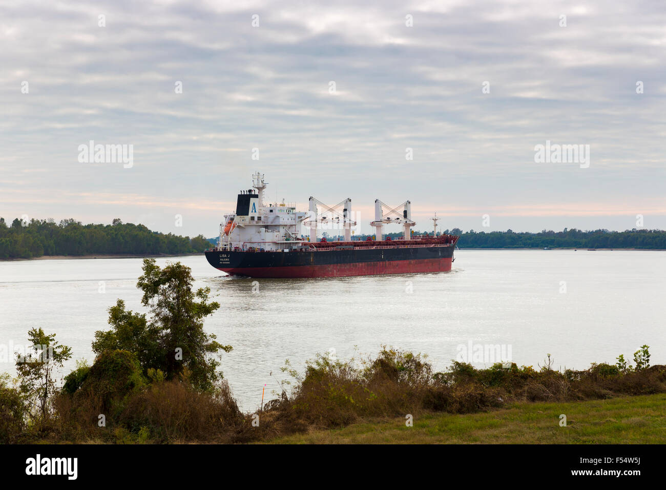 El granelero 'Lisa J Majuro" registrada en las Islas Marshall, el transporte de carga a lo largo del Río Mississippi, Louisiana, EE.UU. Foto de stock