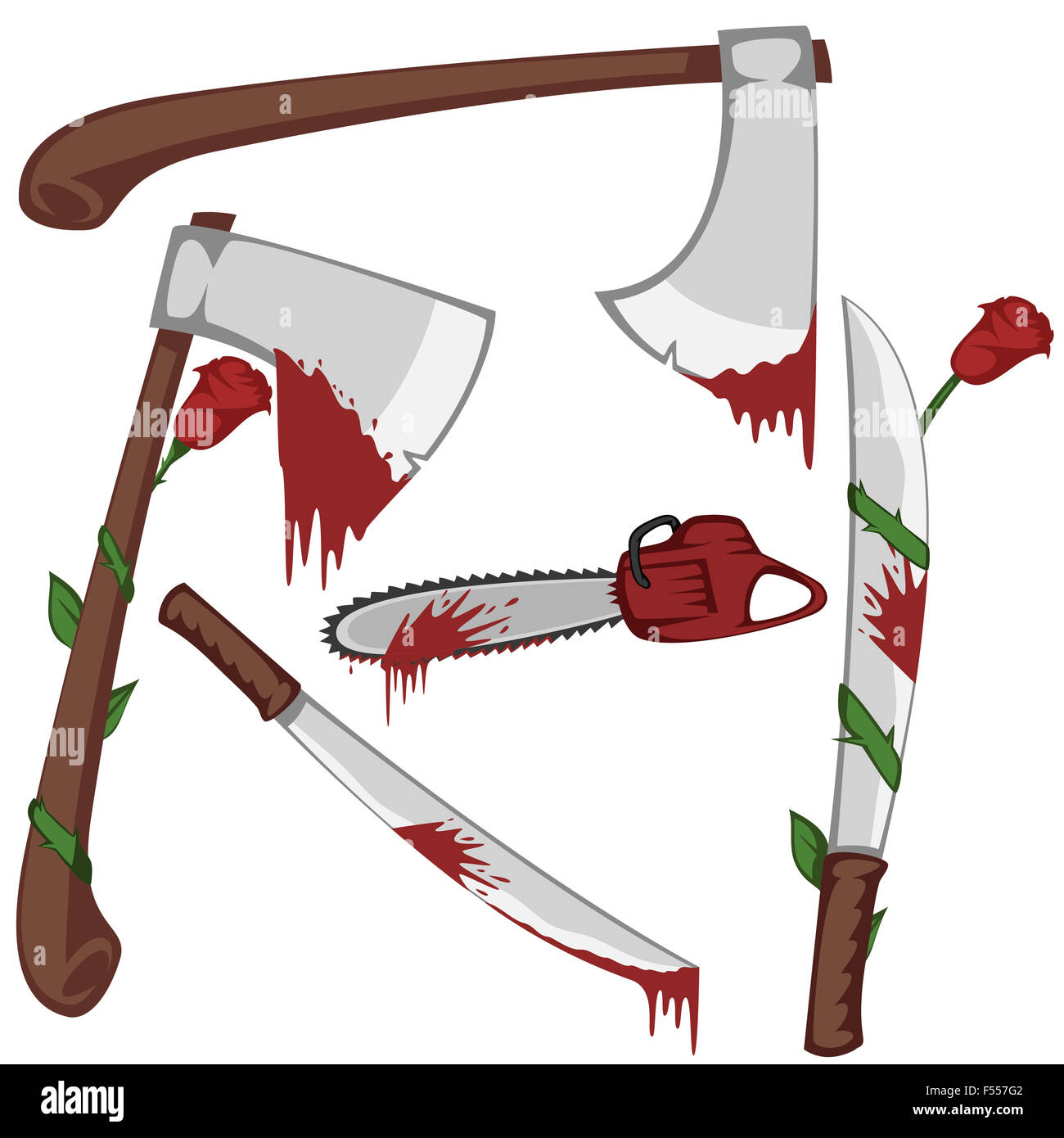 Juego sangriento de armas - Variaciones de sangrientas hachas, machetes y una motosierra Foto de stock