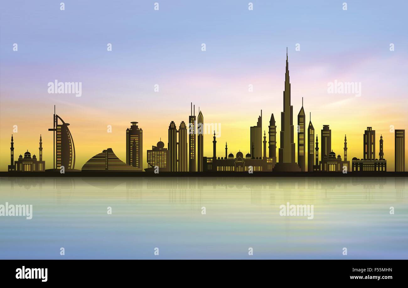 El horizonte de la ciudad de Dubai al atardecer Ilustración del Vector