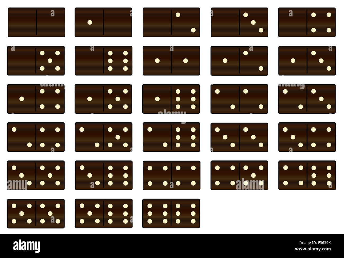 Un conjunto completo de fichas de dominó de madera negra sobre un fondo  blanco Fotografía de stock - Alamy