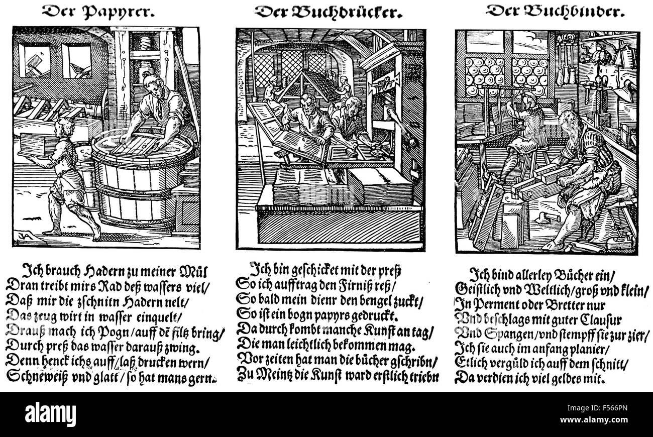 Contabilización alemán del siglo XVI xilografía muestra desde la izquierda: fabricación del papel, impresión, encuadernación Foto de stock