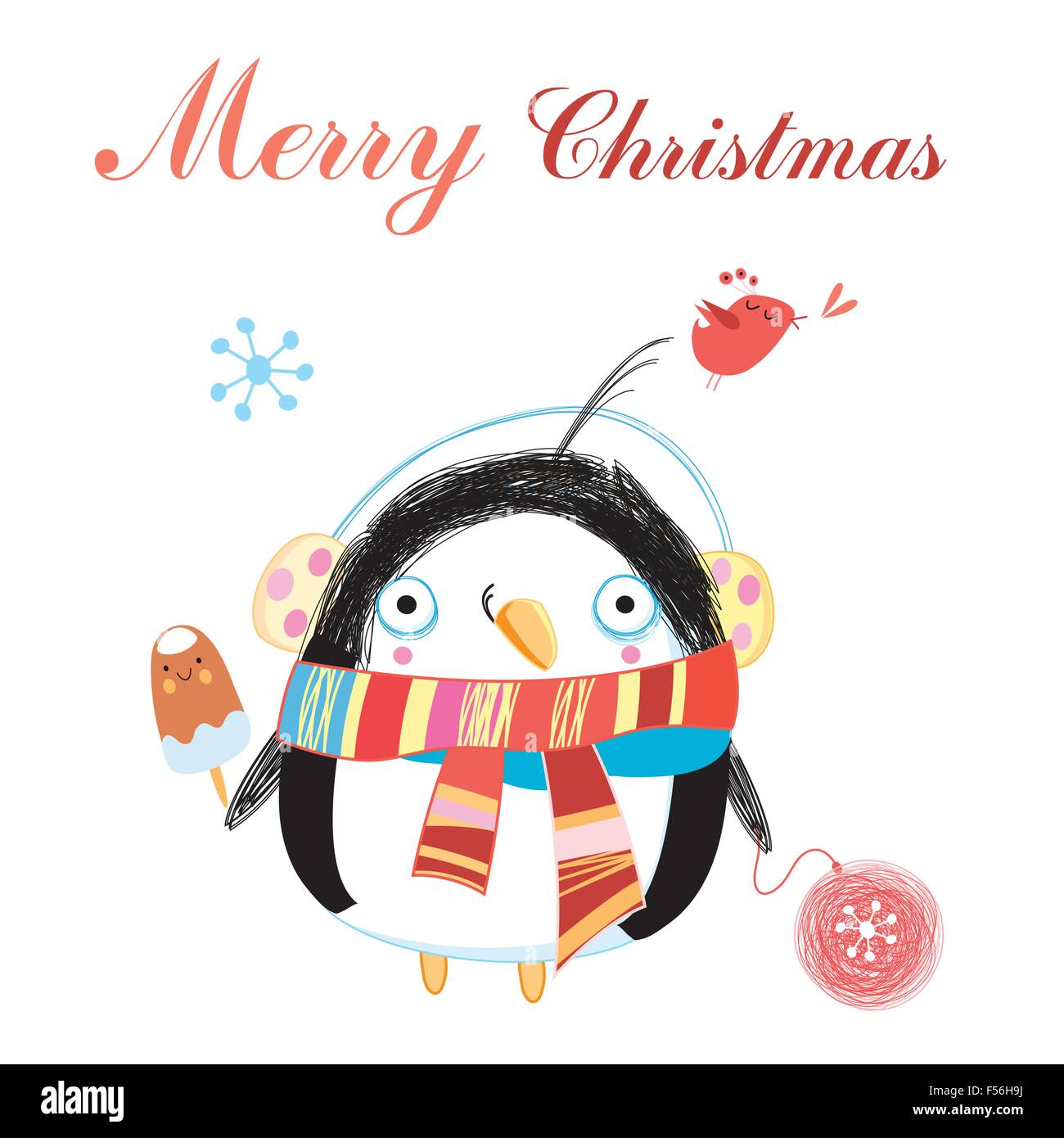 Gracioso brillante tarjeta de felicitación con un pingüino en un fondo azul con copos de nieve Ilustración del Vector
