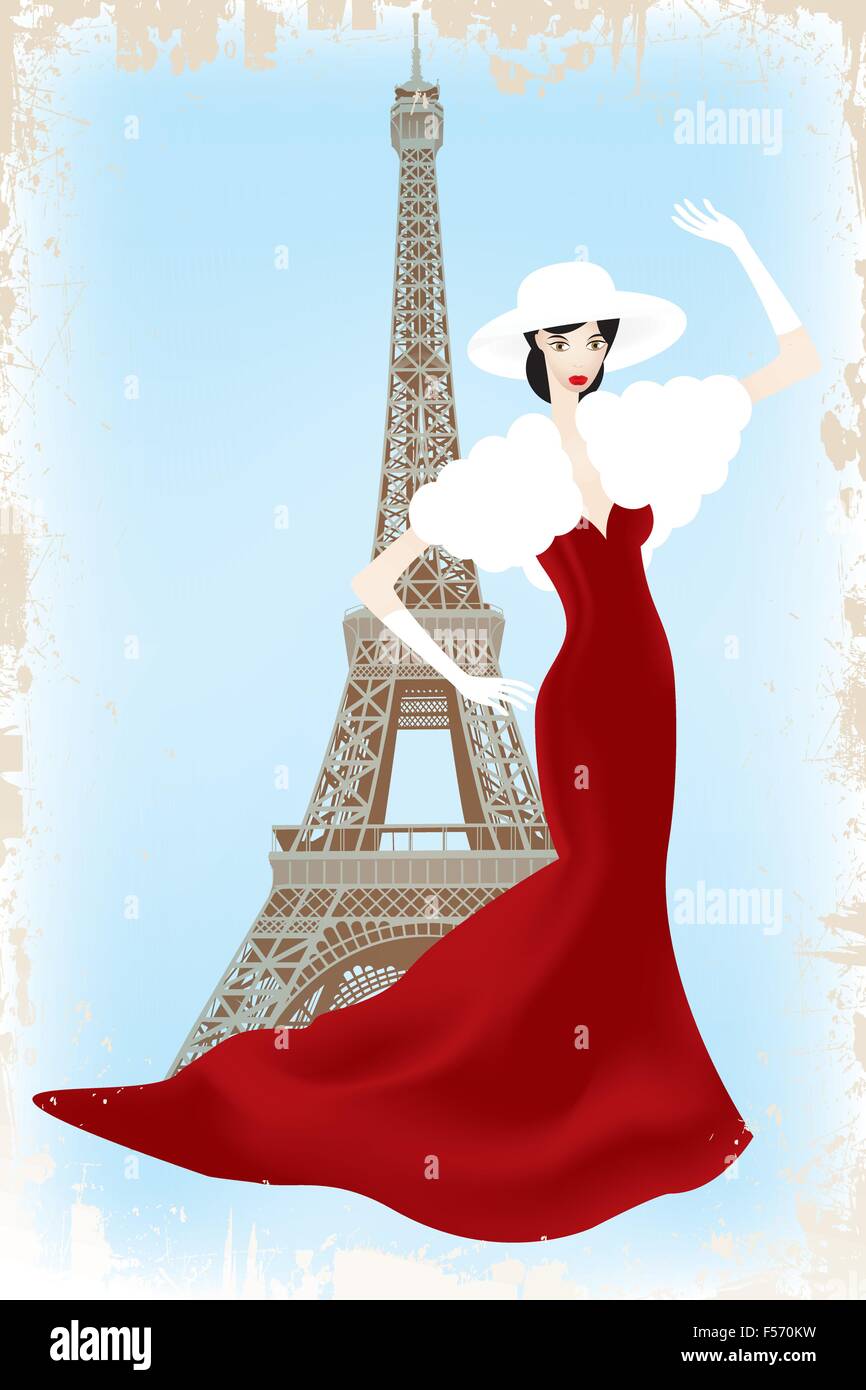 Fashion Show en París - eps10 ilustración vectorial de modelo de pasarela por encima de la torre Eiffel en el vintage-retro Ilustración del Vector