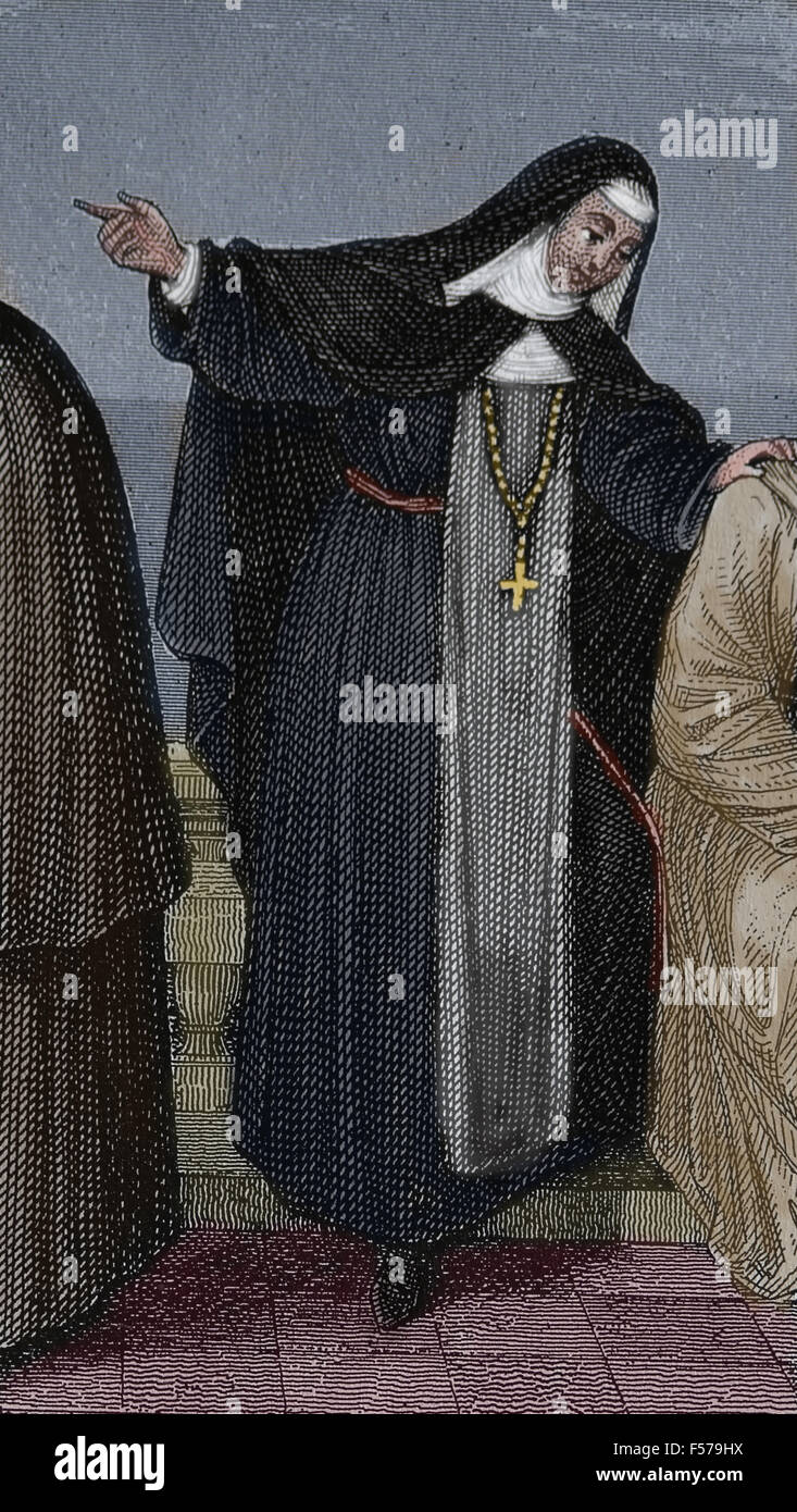 Monja de la orden de las Clarisas. Iglesia católica. Medieval. Grabado. Siglo xix. Foto de stock